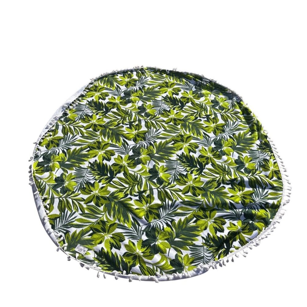 ADORE ME Round Beach Towel Terry Cloth Cotton Tassel Trim Green Leaf Pattern